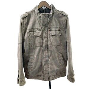 Levis Mens M Washed Cotton Military Jacket Olive Green Sherpa Lined Full Zip